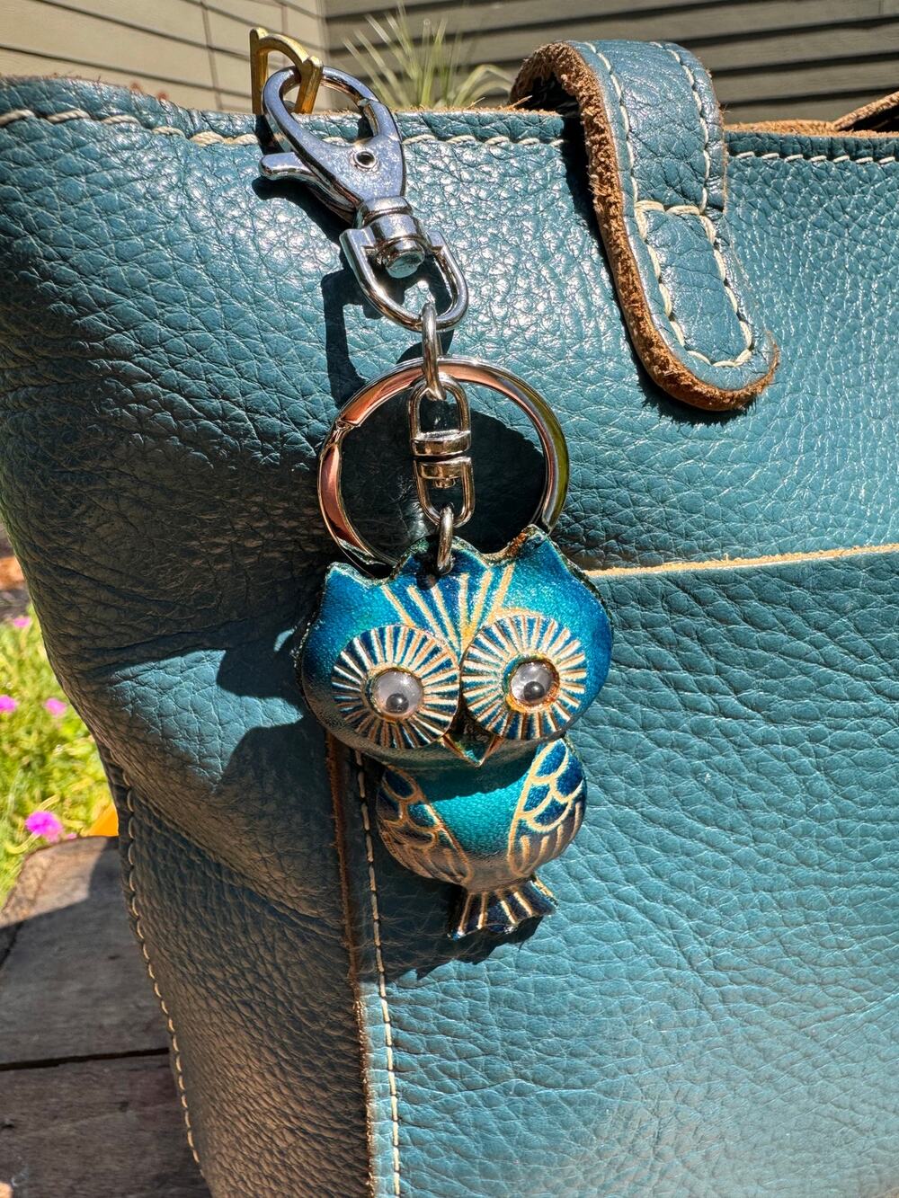 Genuine Leather Small Blue Owl Purse Charm Hand Painted Barn Owl Bag Charm